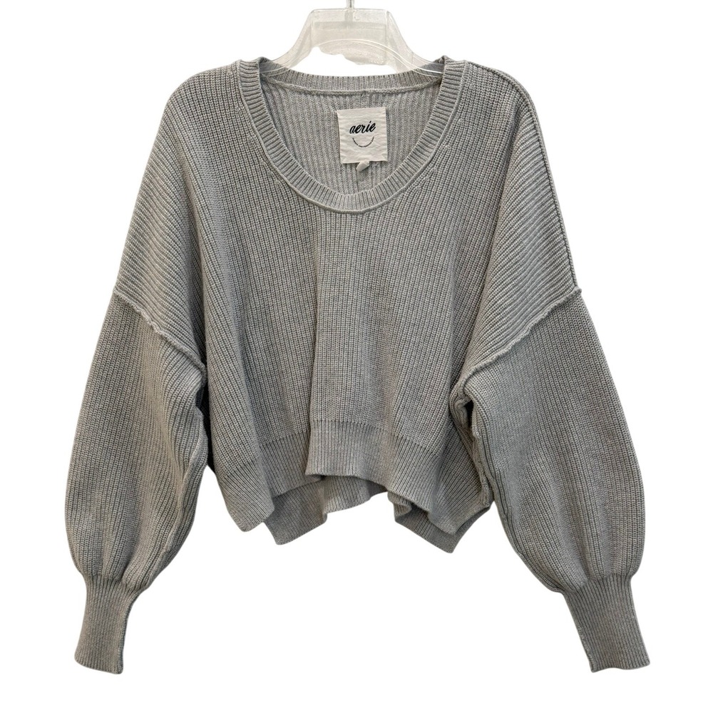 Aerie Women Size M Gray Shaker Knit Balloon Sleeve Oversized 100% Cotton Sweater